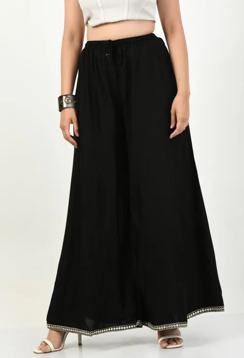 MAURYA Women's Black Color Solid Elasticated Loose Fit Palazzo Pants Designer Plazo For Women (XL)