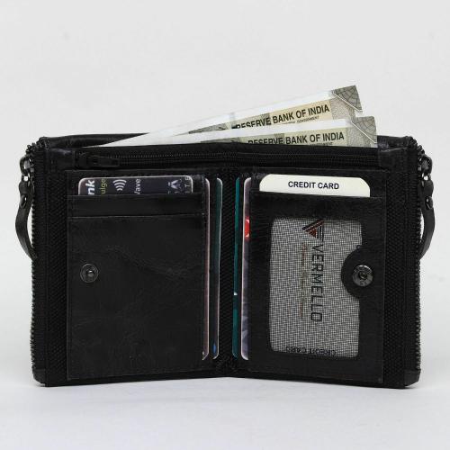 VERMELLO Mens Black Genuine Leather RFID Wallet