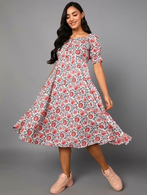 Vaamsi Blue Red Floral Print Off-Shoulder Flounce Hem Midi Dress with Waist Tie-Ups
