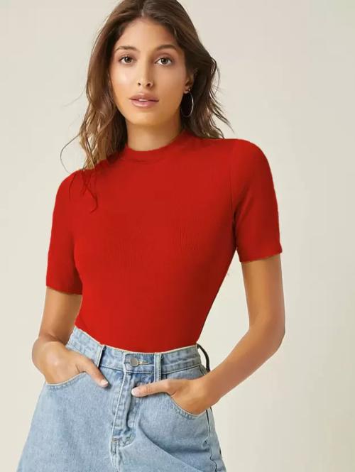 Nalax Designs Cotton Blend Elbow Sleeve High Neck Solid Top for Women’s-(Red)