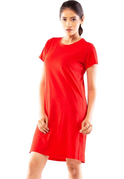 Lappen Fashion Women Red Solid Cotton Silk T Shirt Dress