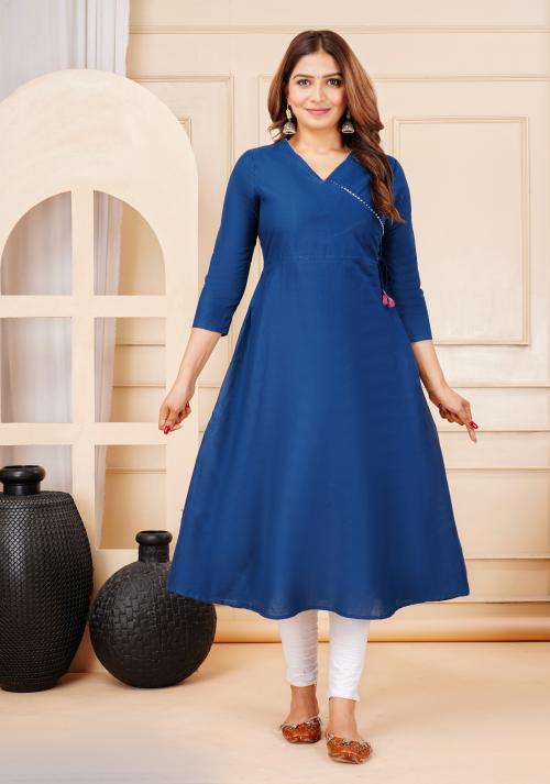 VANKAR PLAIN PURE COTTON ANGRAKHA KURTA - BLUE