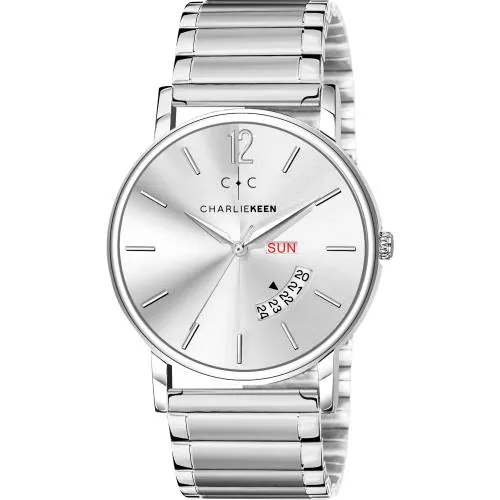 CHARLIEKEEN Silver Dial Stainless Steel Watch with Day-Date Function Analog Watch - For Men