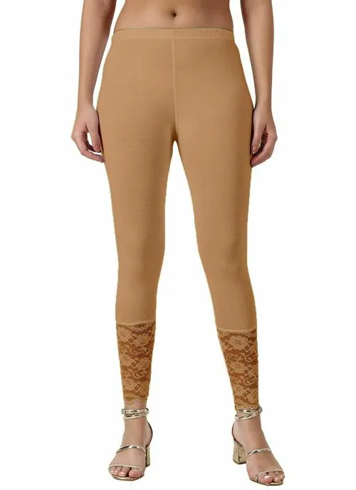 Colorscube Designer latest Cotton Ankle Length Bottom wear fancy Leggings for women with net lace Regular Fit Solid leggings