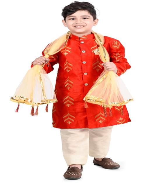 Buy NEW GEN Boys Red Self Design Art Silk Single Kurta Pyjama with ...