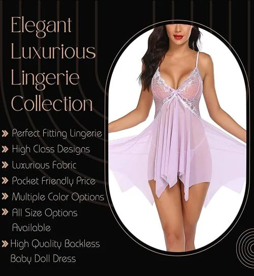 Drift Outfit Babydoll with Panty Lingerie Set for Woman Thongs Above Knee Baby Doll Night Dress | Semi Transparent Free Size SNB-7 Pink