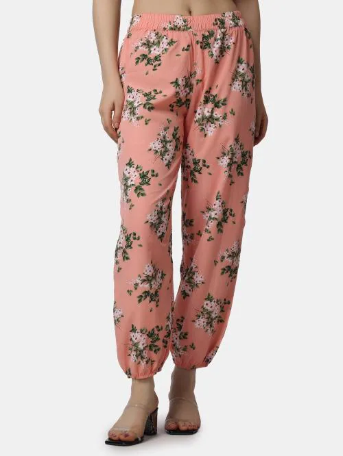 Popwings Casual Peach Floral Print Relaxed Fit Joggers for Women | Daily Wear Joggers | Summer Joggers | Gym Wear Joggers | High Rise Joggers