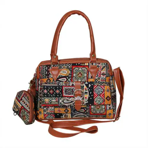 Luck On Women's Handcrafted Traditional Texture Print Ladies Bag with Adjustable Shoulder Strap Front Side Mobile Pocket with Flap for Regular Use (Dimension- L- 9.5x H- 7 Inch) Black