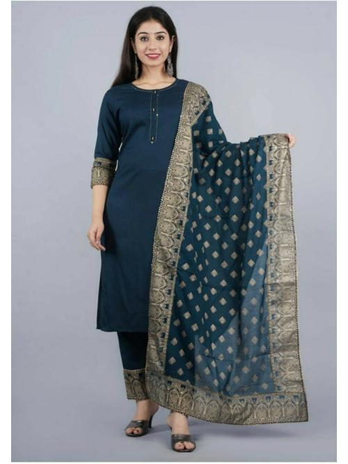 Shreehit Women Dark Blue Solid Ryaon Kurta Trouser Pant and Dupatta Set (L)