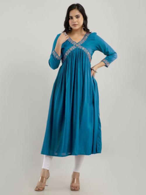 ftDiva Embroidered Aliya Cut Kurta in Blue