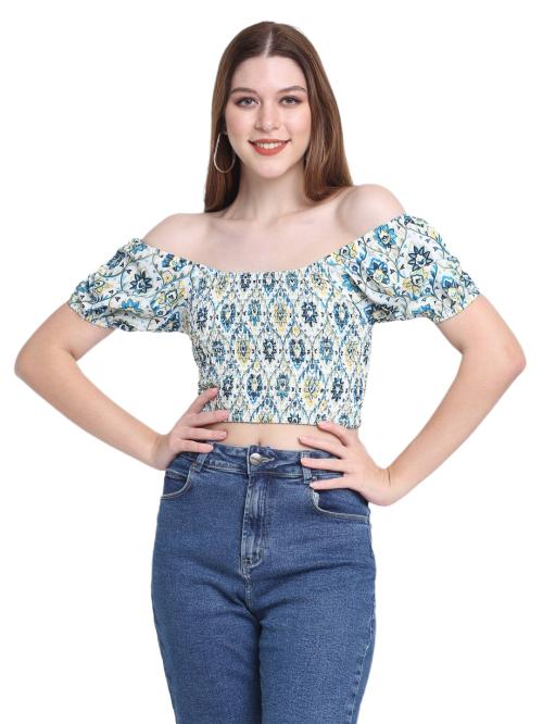 FABHUMAN Women Blue Printed Crepe Short Sleeve Crop Top