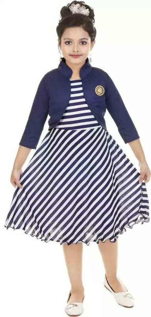 K.J.Creations Girls Navy Blue and White Striped Cotton Designer Frock with Jacket (6-7 Years)