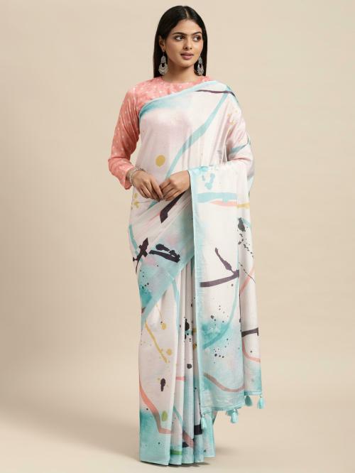 Janasya Women's Off White Poly Chiffon Printed Saree with Blouse Piece