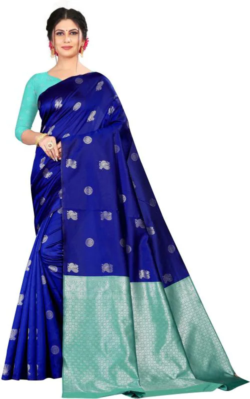 Prajval Women Peacock Blue Woven Jacquard and Pure Silk Kanjivaram Saree