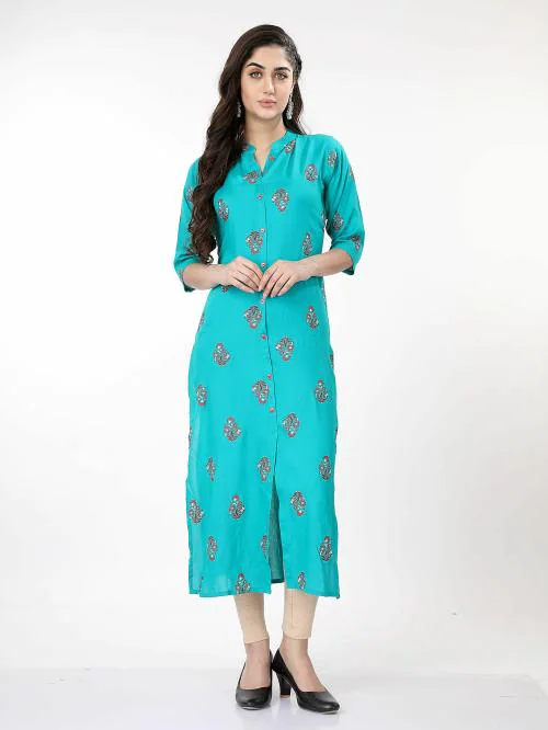 RibNee Stylish Plain Cut Kurti with Button (Sky Blue)