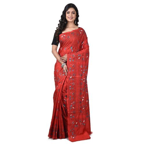 Aishani Collection Hand Embroidery Silk Kantha Stitch Handloom Saree with bp (Red)