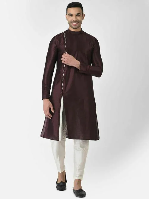 AHBABI Self Designed Silk Blend Plain Kurta Set for Men, Full Sleeves, Round Neck, Ethnic For Any Occasion Brown