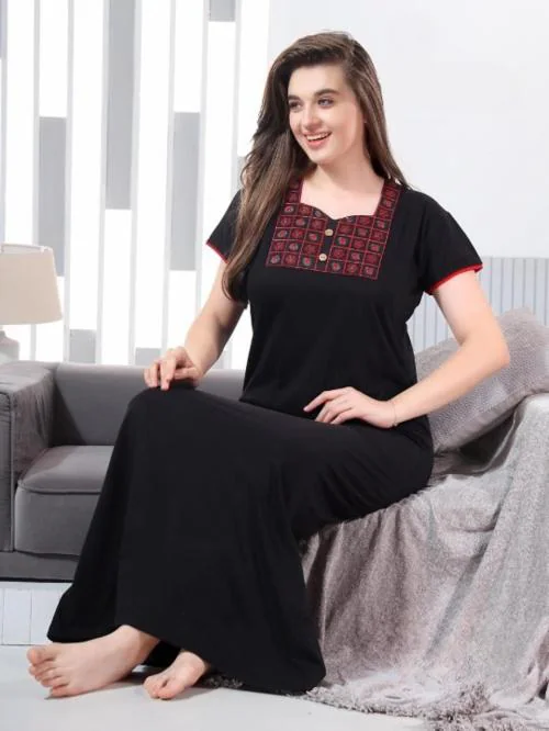 RAINY FLOWERS Women Black Hosiery Night Dress