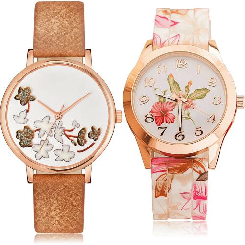 TIMENTER Modish Italian Designer Sparkle Flower And Flower Brown And White Colour Analog Genuine Leather And Resin Belt 2 Watch Combo For Women And Girls - GM503-G305