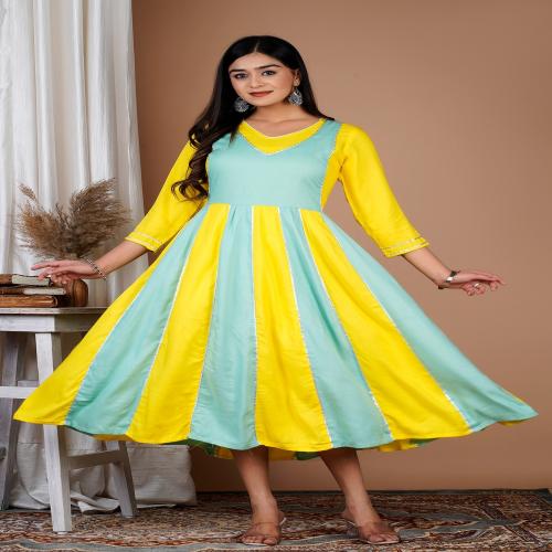 Styleforic Women Rayon Printed Double Leyered Yellow and Blue Anarkali Kurta_M