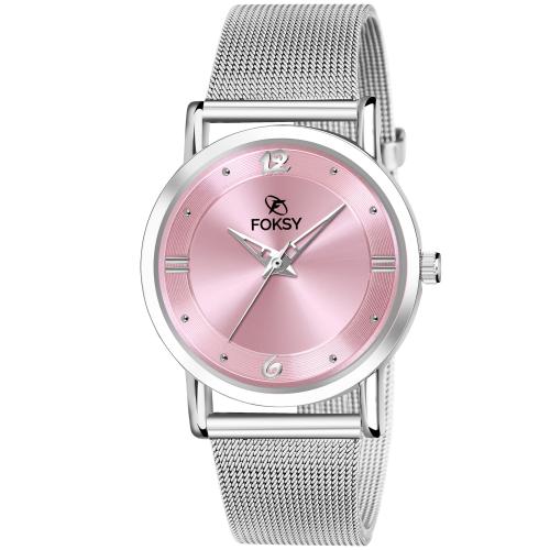 Foksy Pink Studded Dial & Silver Trendy Elegant Bracelet Analog Watch - For Women -(FKS-1054W)
