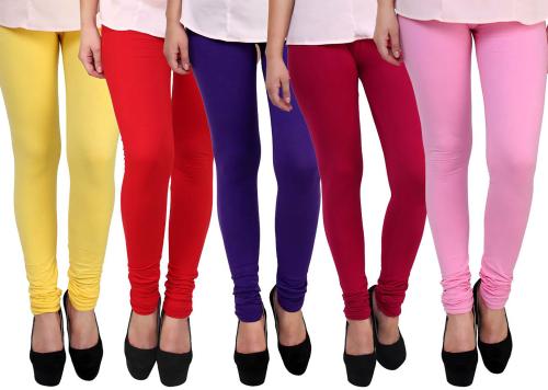 Famaya Girls Multicolor Solid Cotton Lycra Leggings 13-14 Years (Pack Of 5)