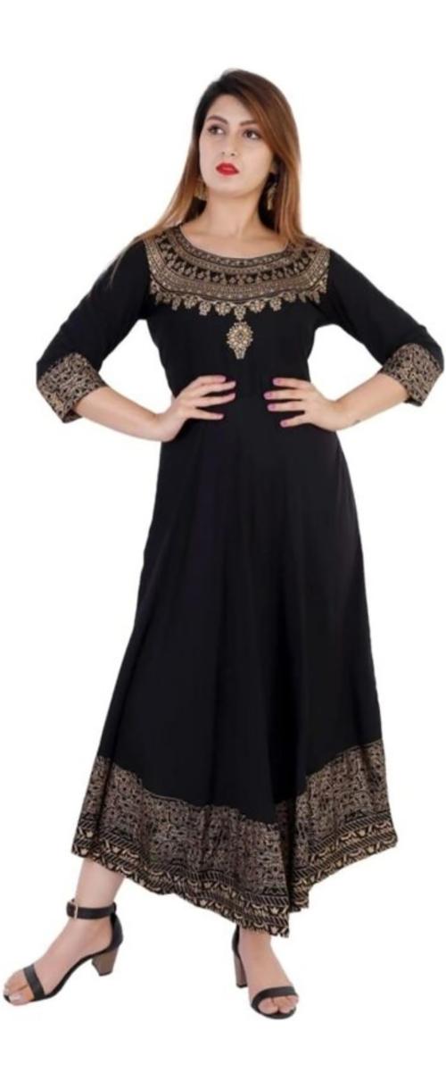 RA Creation Women Black Printed Viscose Rayon KurtaXL