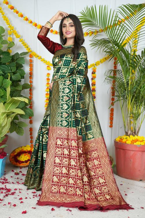 SWIFFIN Most Polular Litchi Silk Bandhani Green & Red Saree For Women/Women Saree With Unstitched Blouse-PATOLA HATHI-GREEN