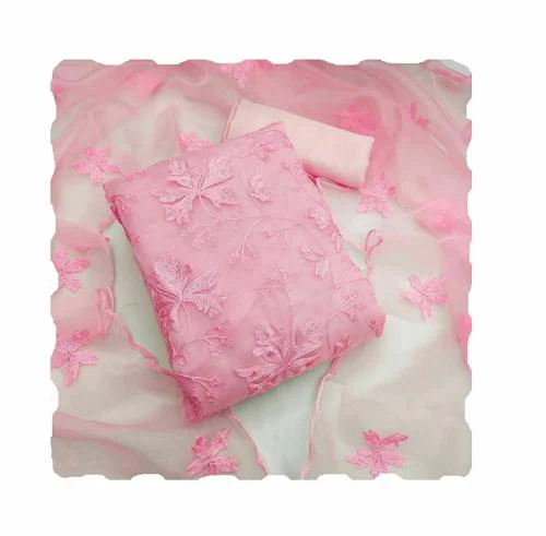 Fashionfrik Organza Silk Sequence Embroidery Work Unstitched Salwar Suit Dress Material-pink