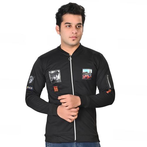 Vivek Men's Slim Fit Zipper Lycra Self Design Tshirt ( Black )