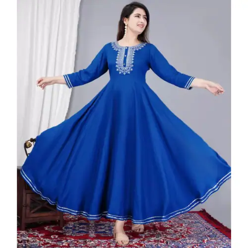IQARA Premium Women Embroidered Viscose Rayon Anarkali Kurta/Gown|Colour-Blue|Size-6XL