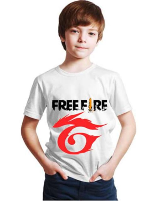 SHREE CHITRANSH CREATIONS Round Neck Half Sleeve Garena Free-Fire Printed Cotton T-Shirts for Kids, Boys and Girls (Color- White, Size- 3-4 Years)