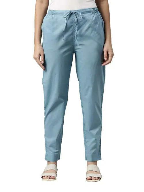 GO COLORS Women Light Blue Solid 100% Cotton Pants