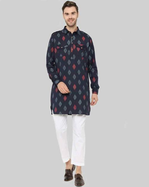 Chitwan Mohan Men  Blue and White Ethnic Motifs Cotton Kurta Set