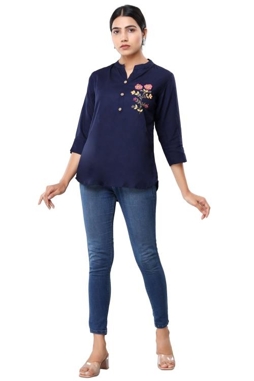 VIHAAN IMPEX Party Wear Regular Sleeves Solid Women Dark Blue Top