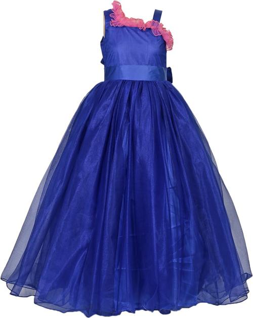 HUNOOR Girls Royal Blue Dress with Peach Frill Self Design Polyester, Net Gown Dress