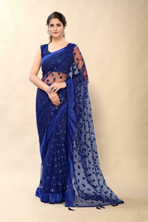 Mohvogue Women Blue Floral Net Saree