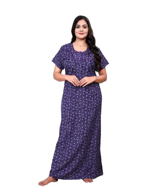 NIGHTFAB Women's Stylish PV Maxi Nightdress | Night Gown | Front Open Buttons | Poly Viscose Floral Print Designer Nighty | Sleepwear for Women