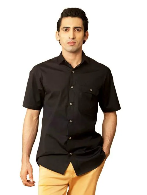 Rhysley Men Black Cotton Half Sleeves Shirt - 42