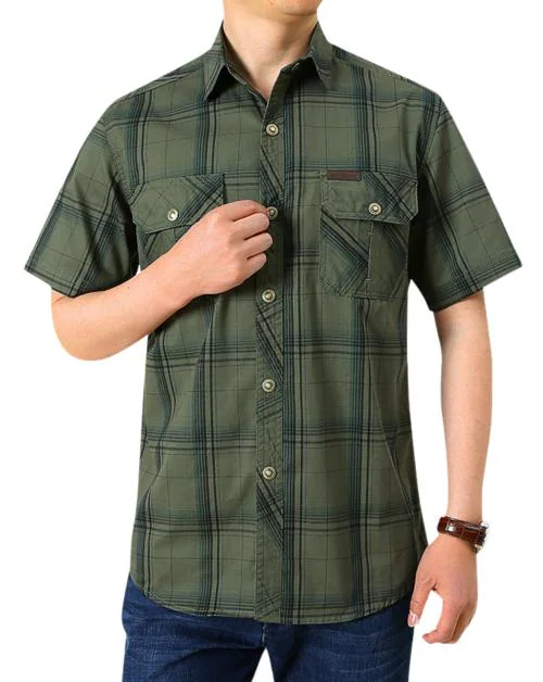 L'MONTE Imported Men's Cotton Casual Checkered Half Sleeve Shirts for Men (Large, Green)