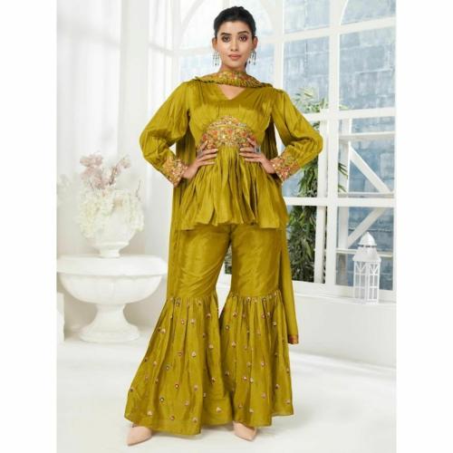 A&M Clothing Designer Kurti Gharara Party Wear Chinon Fabric Salwar Suit With Stunning Embroidered Work-Mehendi Green-L