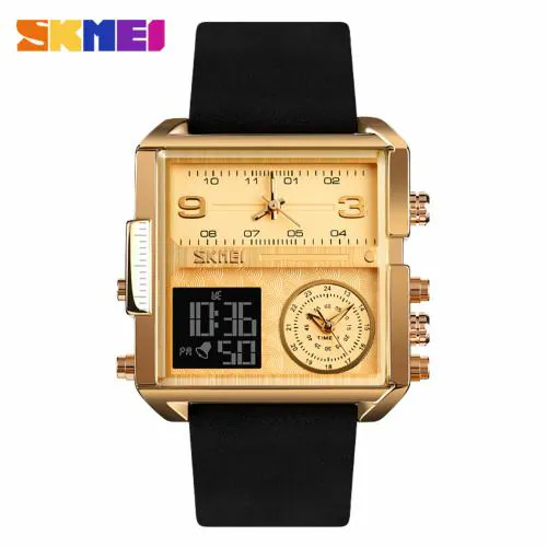 SKMEI Men's Square Watch, LED Backlight Large Screen Multi-Time Zone Men's Watch, Waterproof Analog Men's Digital Sports Watch- 1584