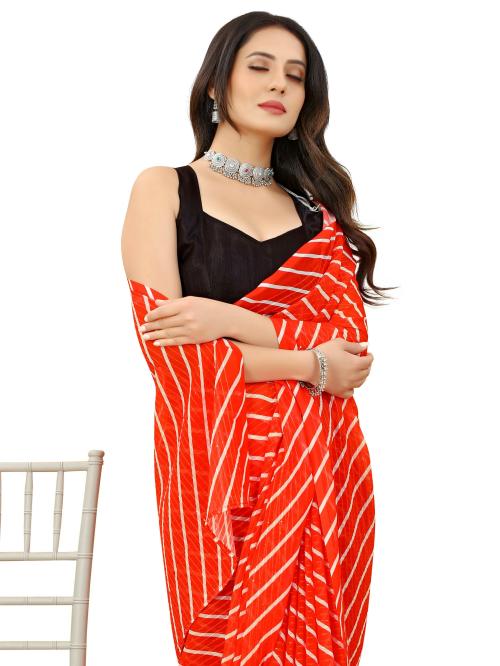 sadika women's bollywood fashion red digital print stripe embroidery sequance crochet cotton thread work georgette saree