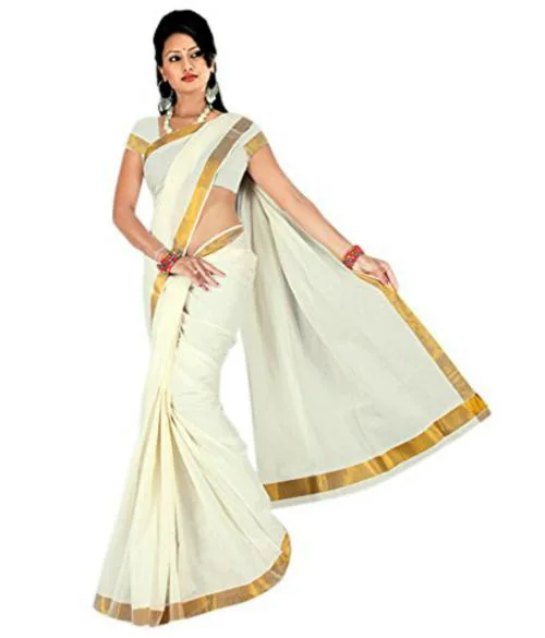 Fashionkiosks Women Cream Cotton Saree With Blouse Piece Piece