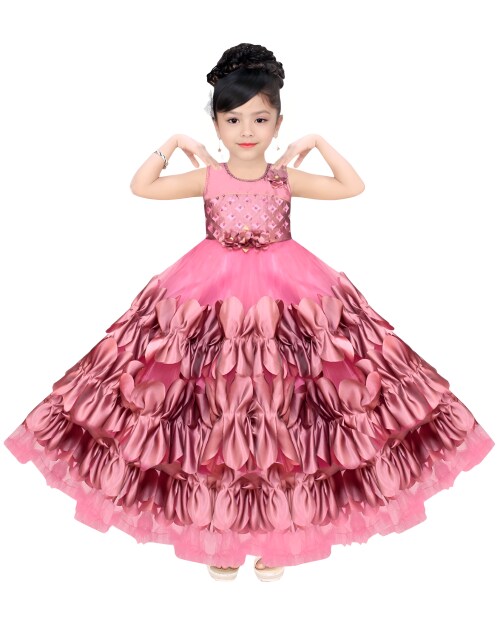 Vivek Girl's BlackBerry Silk Self Design Frill Gown ( Peach )