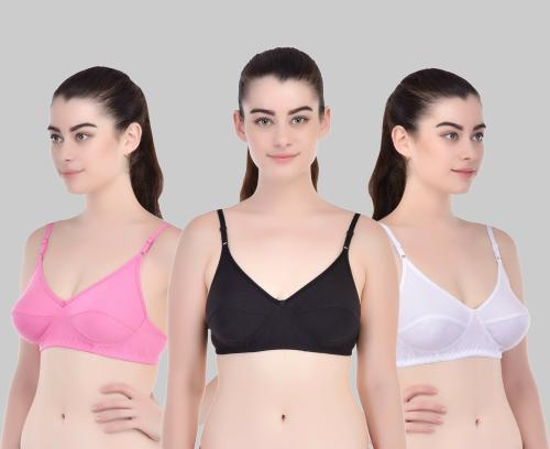 Yana Women White, Black, Pink Cotton Blend Pack Of 3 Full Coverage Non Padded Bra (30)