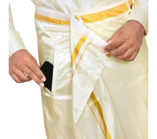 Kannika Men's Velcro 50 K Zari Border Dhotis (32-34 Hip Size)|Zip Closer Pocket Veshti|Vetti Solid Men Dhoti |Mundu | Pancha