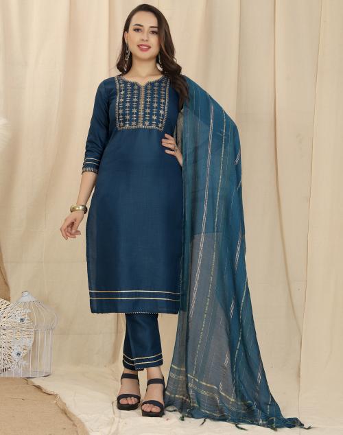 Skylee Women's Blue Color Cotton Kurta Set with Dupatta