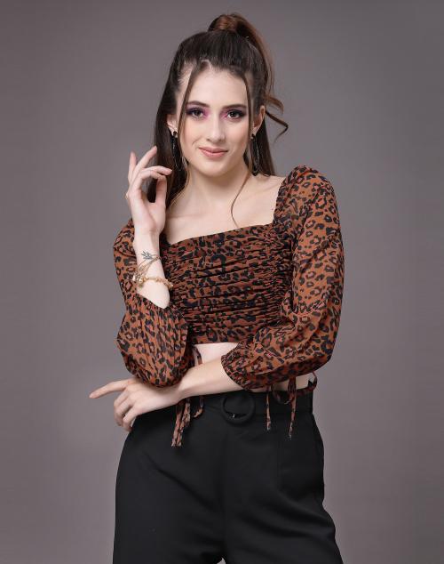 Selvia Crepe Black & Brown Animal Print Top | tops for women | tops | women tops