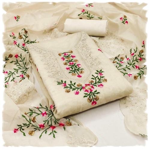 Sidhidata Women's Heavy Cotton Thread & Sequence Embroidery Work Unstitched Salwar Suit Dress Material With Chanderi Sequence Work Dupatta Cream